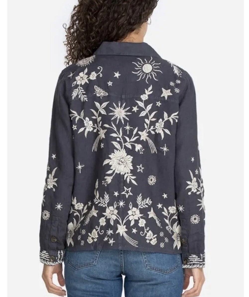 Johnny Was Mia Linen Blue Gray Floral Astrological Embroidery Jacket Top Sz XXL